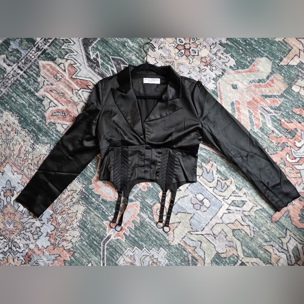 Black Satin Long Sleeve Blazer Top